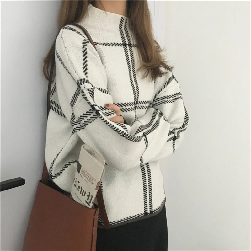 Осенне-зимний клетчатый женский свитер, полуводолазка, теплый минималистичный вязаный пуловер, женские элегантные женские вязаные топы, джемперы - Цвет: white