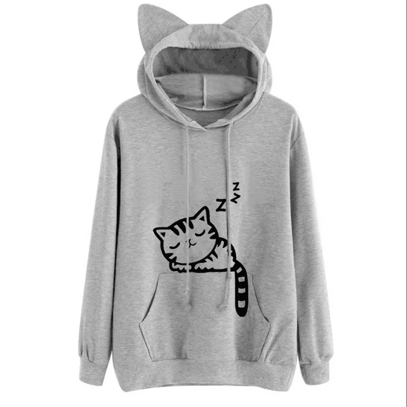 

Printed Women Hooded Sweatshirts Loose Fleece Print Hoody Female Autumn Long-sleeved Printed Hoodies Front Pocket Drawstring