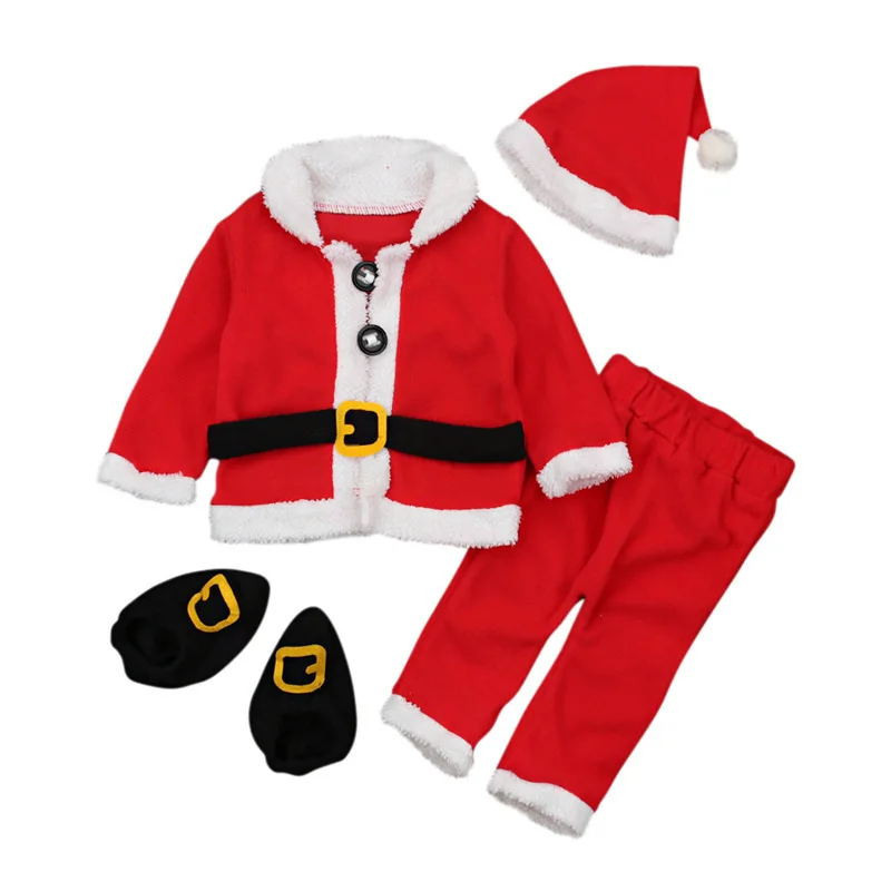 Infant Kids Costume Santa Claus Long Sleeve Tops+Pants+Hat+Socking New High Quality 4PCS Christmas Baby Boy Clothes Set | Детская одежда