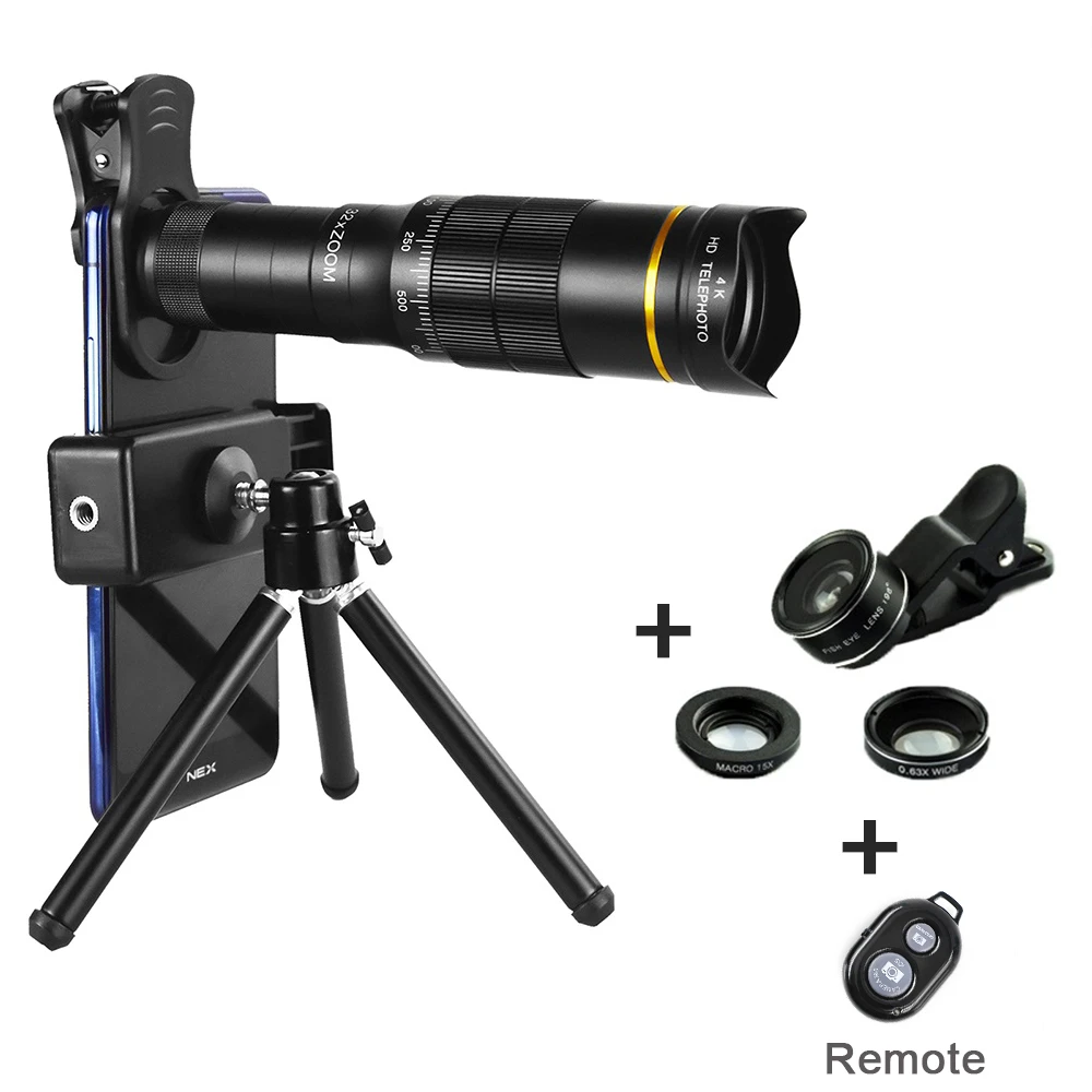 32X Telescope Lens 4K HD Universal Telephoto Phone Camera for Smartphone 4in1 Wide Angle Fisheye Macro Lens Kit Include Tripod best telephoto lens for smartphone
