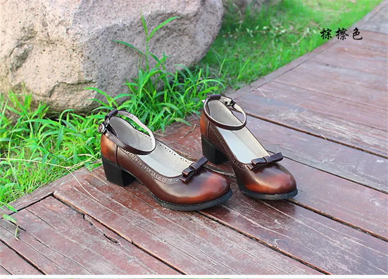 Japanese Buckle Strap Bow Women Oxford High Thick Heels Lolita Shoes British Genuine Leather Single Brogues Shoes Woman Size 43 (16)