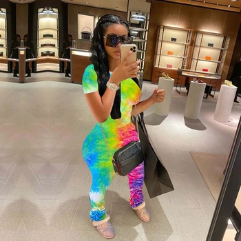 

Tie Dye Tracksuit Women 2 Piece Set Summer Crop Top and Stacked Pants Matching Sets Jogging Femme Women Two Piece Outfits 2020