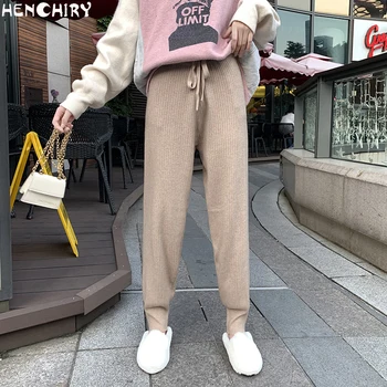 

HENCHIRY 2019 Women New Autumn And Winter Wide Leg Pants Casual Loose High Elastic Waist Harem Pants Loose Belt Striped Trousers