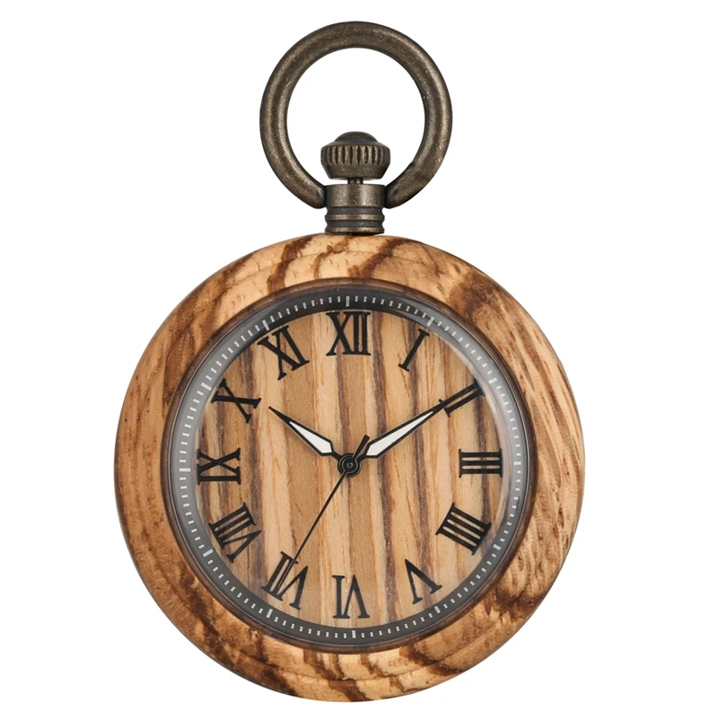 Zebra деревянные кварцевые карманные часы римские цифры Круглый циферблат светящиеся иглы деревянные часы цепь часы FOB древесные подарки для