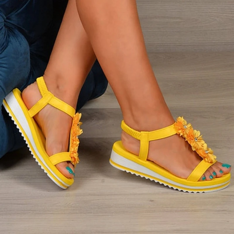 Женские летние женские сандалии на танкетке с цветочным рисунком платформе в