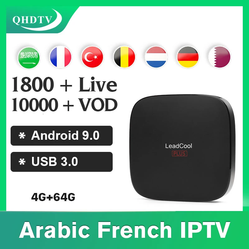 

IPTV France Spain Android 9.0 Arabic IPTV box Leadcool Plus 4K 4+64G 1 Year IPTV Subscription IPTV Belgium German QHDTV Box