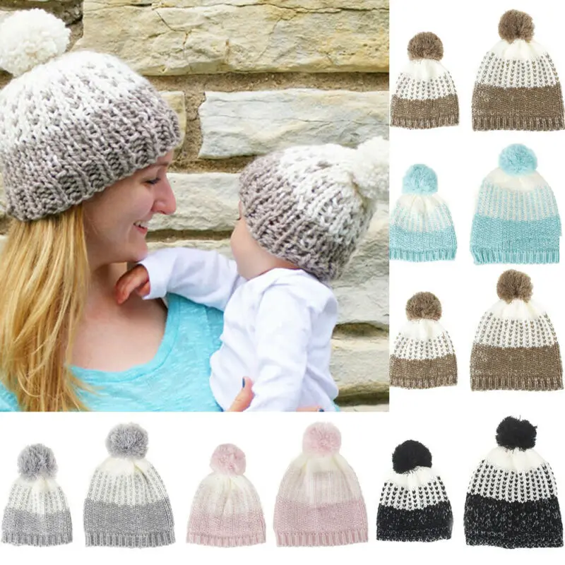 

Focusnorm 5 Styles 2PCS Mother & Child Baby Warm Winter Knit Beanie Fur Pom Hat Crochet Ski Patchwork Colors Cap New