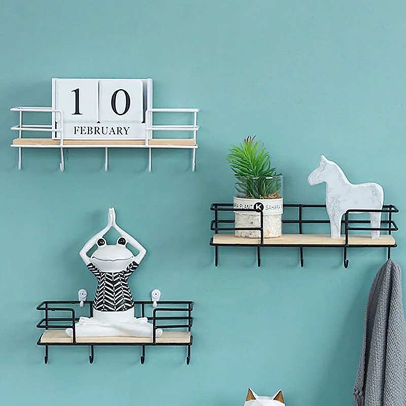 

key keychain hooks Creative Iron Wood Wall home Decor Storage Rack Iron Hook Hanging Basket Shelf white