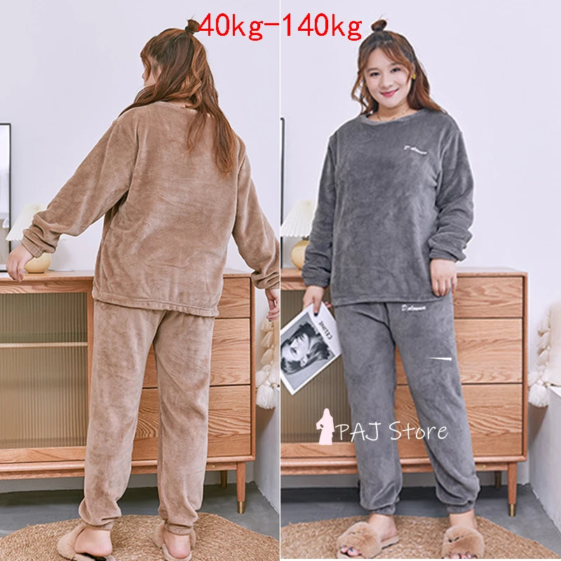 cute pajama sets 5XL 6XL Coral fleece 2 PCS Warm Pajamas Sets ladies' pyjamas Sleepwear Nightwear Pajamas women's home clothes lounge suit 140kg sexy pajama sets