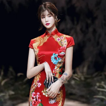red chinese print dress