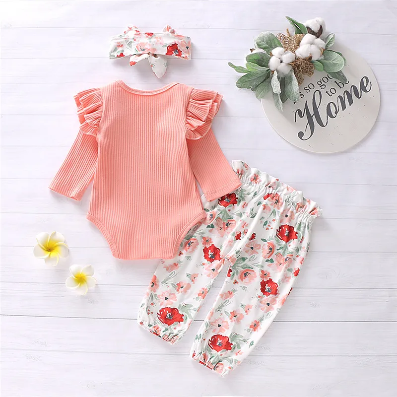 Baby girl clothes Infant Baby Girls Ruffles Solid Romper Bodysuit+Floral Pants+Headband Outfits ubranka dla niemowlat #4J25 (13)