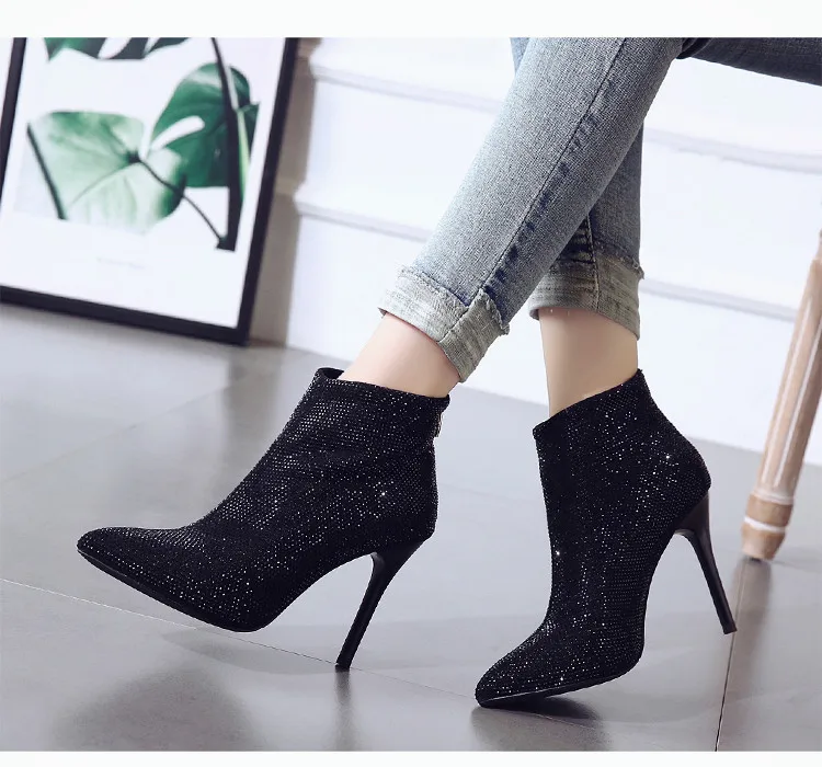 Rhinestone Ankle Boots Women High Heels Booties Pointed Toe Shoes Female Bling Wedding Shoes Ladies Winter