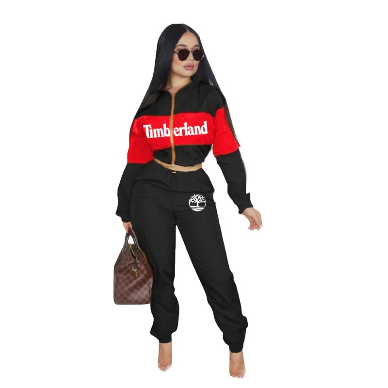 

New Two-color Stitching Embroidered Letter Two-piece Women's Long-sleeved Top + Pencil Pants With Fashionable Casual Sports Suit