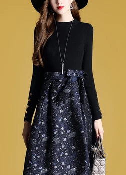 

Knit stitching jacquard sweater dress autumn new women's wear long sleeve lace dress basic winter dresses patchowork knitted