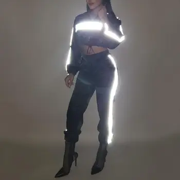 

SANWOOD Fashion 2Pcs/Set Club Women Reflective Striped Drawstring Crop Top High Waist Pants