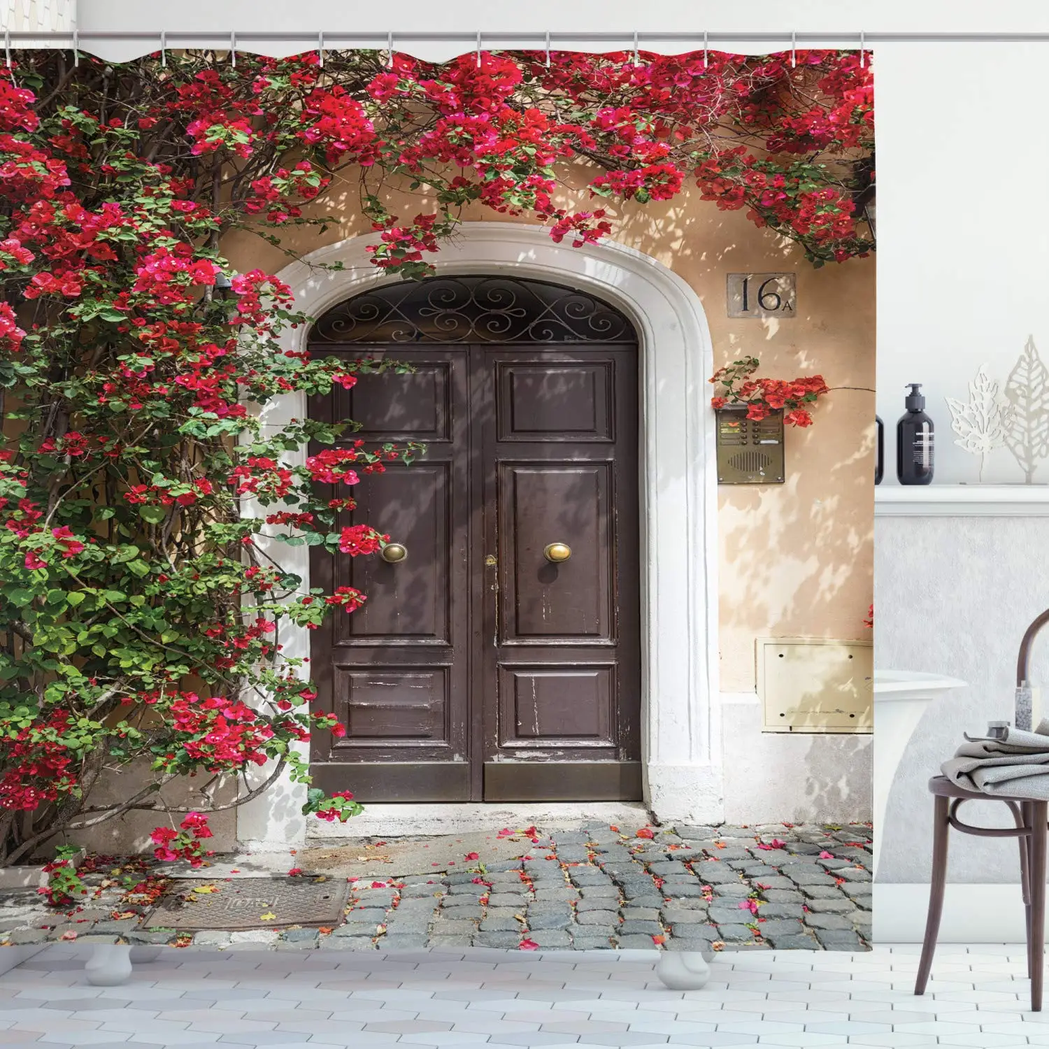 Марокканская занавеска для душа деревянная дверь под окном старых цветов