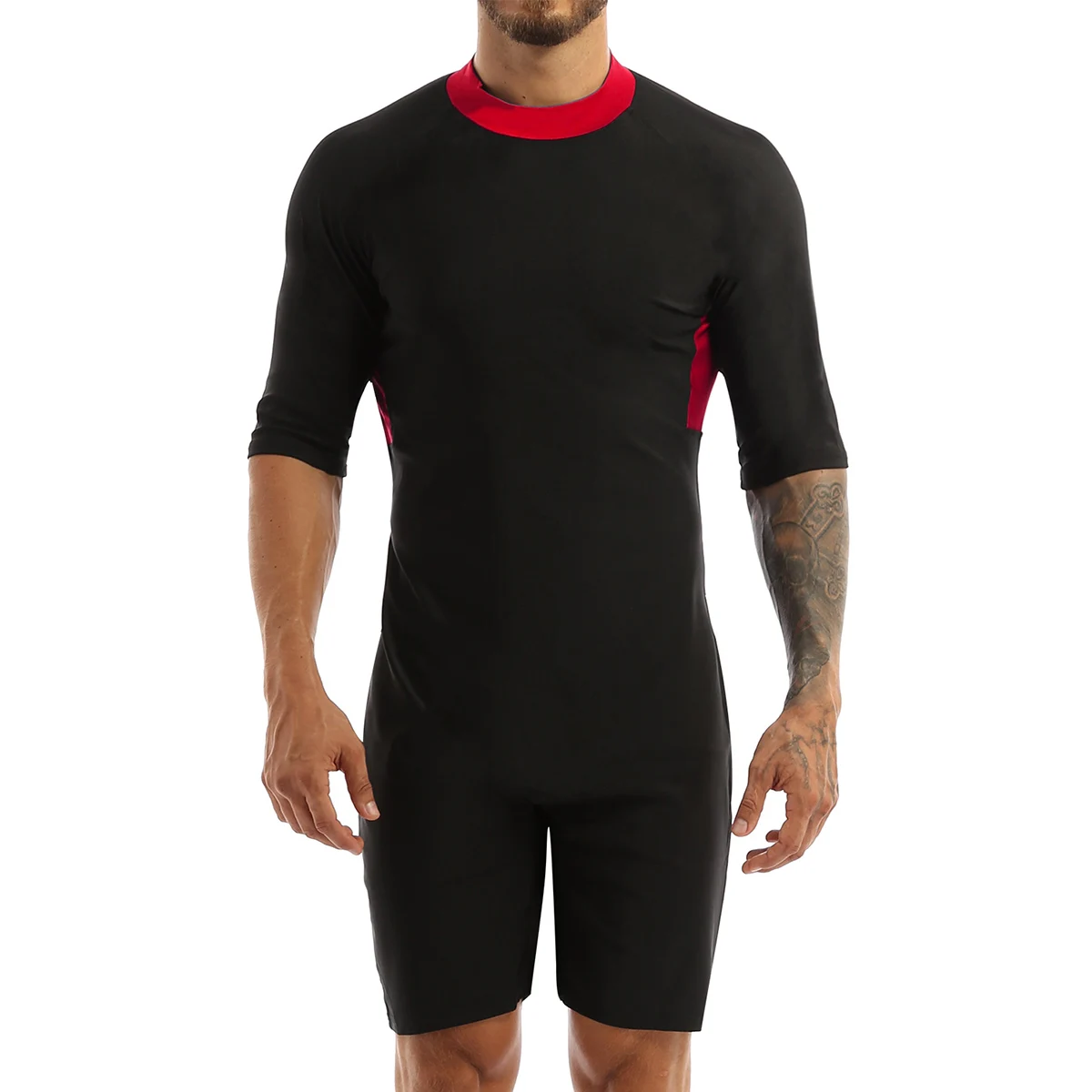 Mens Half Sleeves Block Leotard Bodysuit Shorty Wetsuit Diving Swimming Snorkeling Surfing Scuba Sports Jumpsuit Body Suits