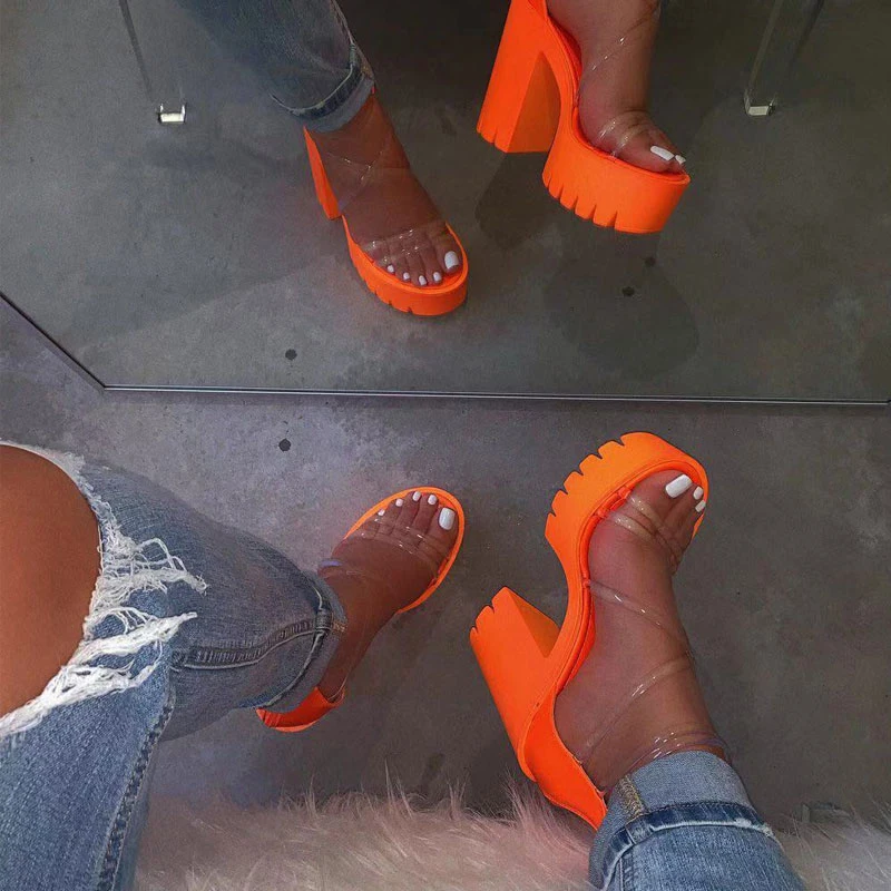 

Platform Sandals Women Cross PVC Straps High Heels Sandals Women Block Heel Shoes For Women Pumps Candy Color Ladies Sandals