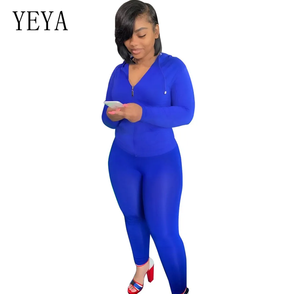 

YEYA New Fashion Hooded Zipper Tights 2 Pieces Sets Sports Suit Autumn Long Sleeve Hollow Out High Waist Bodycon Playsuits Femme