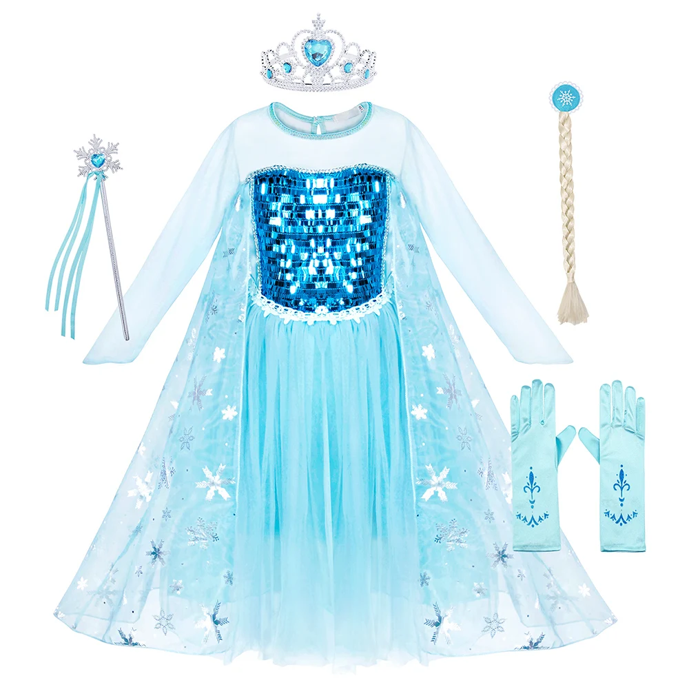 AmzBarley толстовка с длинными рукавами для девочки, платье принцессы платье Эльзы кружевные платья с блестками, для детей Снежная Королева Костюм для костюмированной игры, для Хэллоуина Праздничная Одежда для девочек, комплект