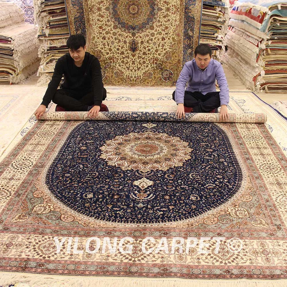YILONG 8 'x 10' синий медальон ручной работы Шелковый персидский ковер для гостиной
