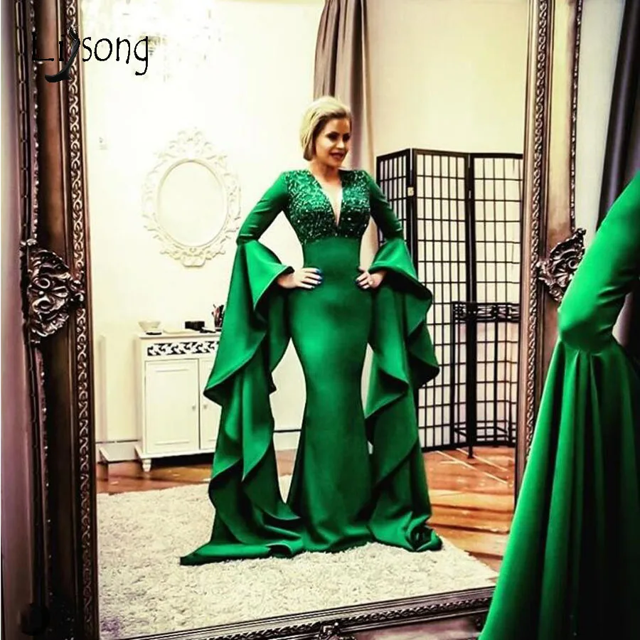 Saudi Arabic Green Mermaid Evening Dresses 2019 Flare Ruffles Full Sleeves Lace Beaded Long Prom Gowns Elegant Party Dress | Свадьбы и