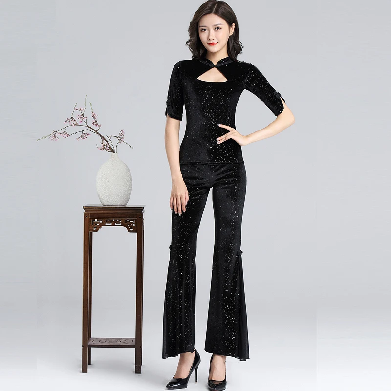 2 pieces set Классическая одежда для занятий танцами живота, Женский Осенний Болливуд, Восточный чонсам, стильная бархатная рубашка+ штаны, комплект из двух предметов, DL4586 - Цвет: 2 pieces set
