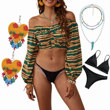 T Shirt rayé à manches longues avec bijoux, été 20222, jaune, vert, Sexy, ligne unique, protection solaire, sortie plage