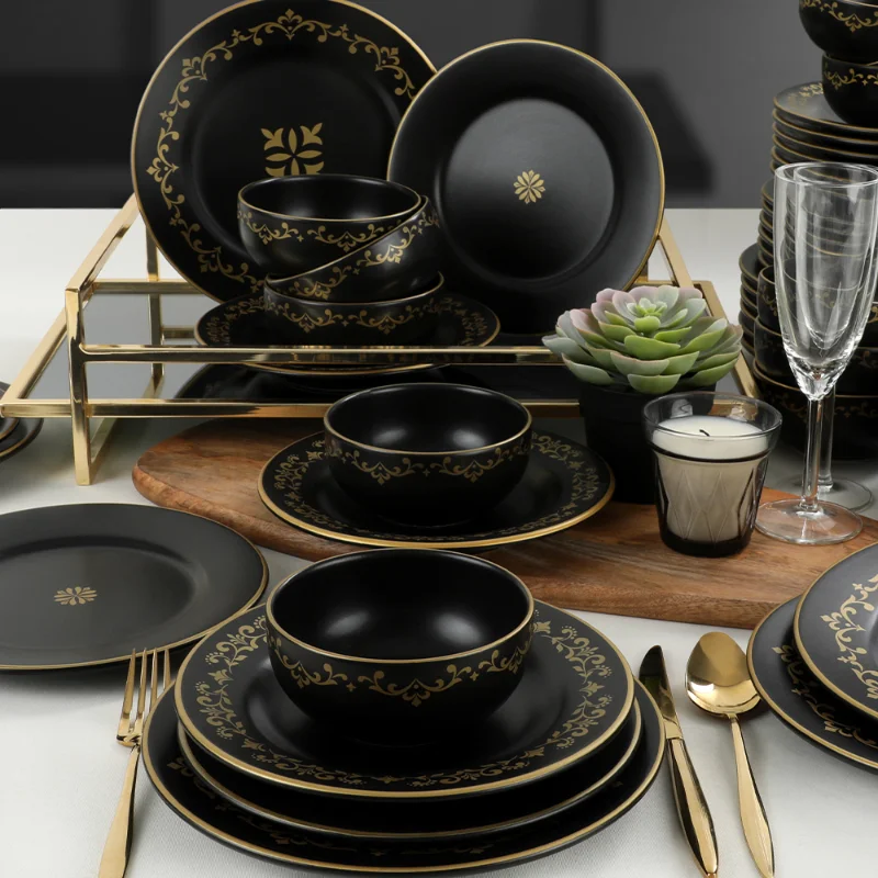 Afgeschaft Gymnast Steen Riva Matte Black Gold Servies Set 48 Stuks Voor 12 Personen Sopu Kommen,  Borden, borden, Cake Platen Giftable|Servies sets| - AliExpress