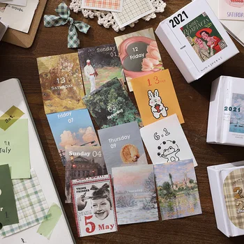 

377pcs Vintage Poster Notepad Almanac Laptop Diary Writing Points Cycle Down Portable Note 2021 Calendars Mini Kawaii Stationery