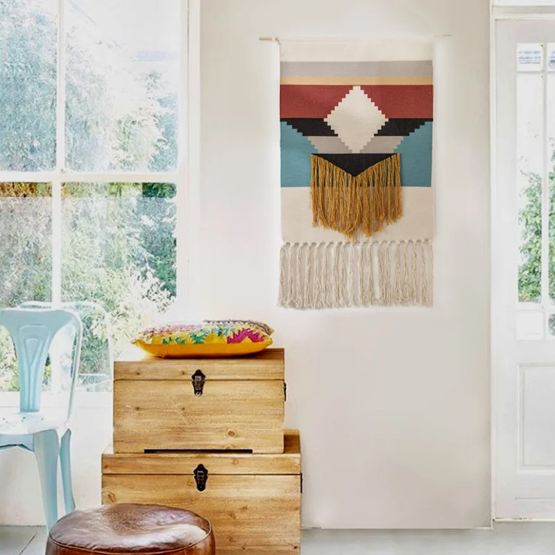Tapestry Bohemian Cotton Linen Tapestry with Tassel Handmade Nodic Style Home Decor Geometric Wall Door Decor Hanging