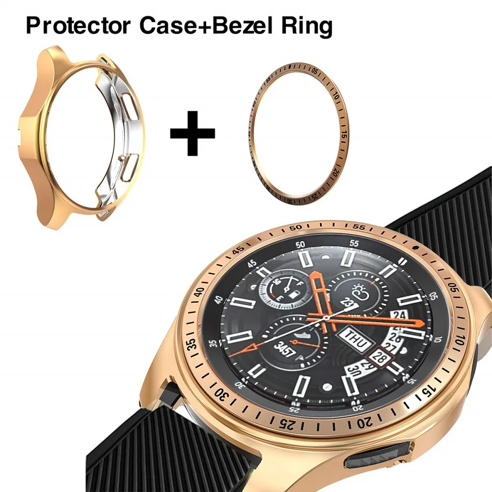 Rose Gold 1 2 шт. в упаковке для samsung Galaxy Watch, 46 мм, 42 мм, gear S3, ободок с кольцом, клейкая крышка, защита от царапин, ободок с петлей+ защитный чехол - Цвет: Rose Gold 1