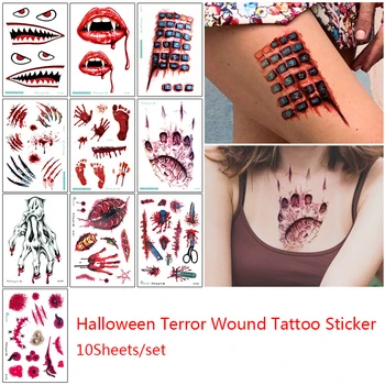 

11PCS/30PCS Halloween Waterproof Temporary Tattoos For Lady Women 3d Reality Vampire Blood Scar Design Tattoo Sticker