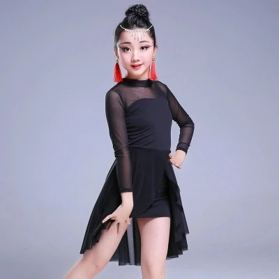 Black Long Sleeve Платье для латиноамериканских танцев для девочек, ча-ча, платье для бальных танцев, платье для танцев, для девочек конкуренции для танцев, Одежда для танцев, детские танцевальные костюмы, vestidos mujer - Цвет: Black Long Sleeve