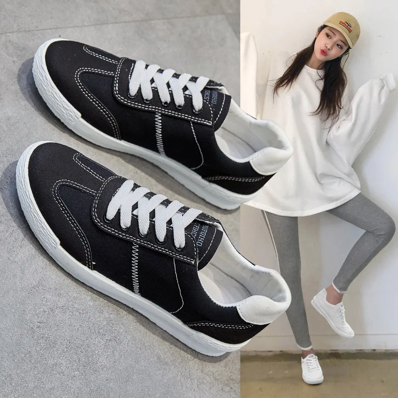 

Women Canvas Shoes Lace Up Casual Vulcanize Shoes Woman Flats White Shoes Breathable shoes Ladies Espadrilles Big Size 35-42