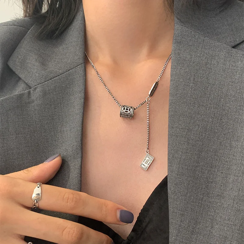 

925 Sterling Silver New Arrival Cylinder Pendant Necklace Female Retro Clavicle Sweater Chain Fashioin Gifts