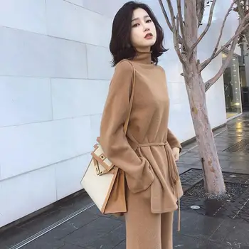 

2020 Knitting Female Sweater Pantsuit For Women Two Piece Set Knitted Pullover turtleneck Long Sleeve Top + Wide Leg Pants Suit
