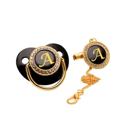 Luxury Black Bling Baby Pacifier And Clip Alphabet Letter M Infant Pacifier Gold Letter Unique 26 Name Initials Baby Shower Gift