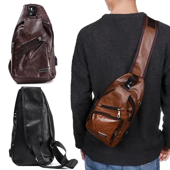 

1PC New Men PU Leather Shoulder Bag Diagonal Package Sling Chest Pack USB Charging Crossbody Male Travel Handbag Outdoors Hot
