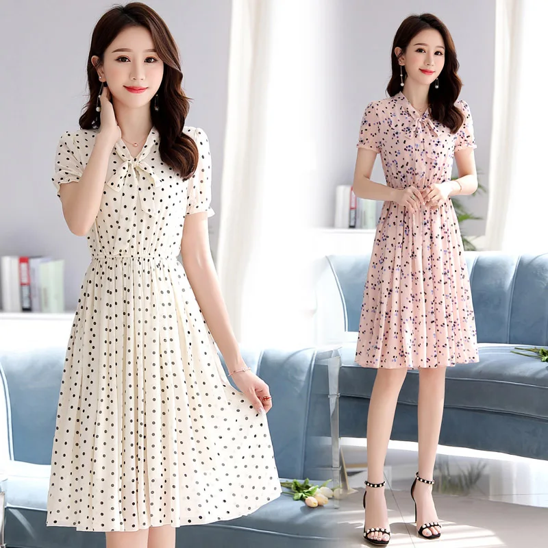 

Summer Bohemian Polka Dot Dress WOMEN'S Short Sleeved Chiffon Loose-Fit Waist Hugging Lace-up Large Hem A- line Skirt Mid-length
