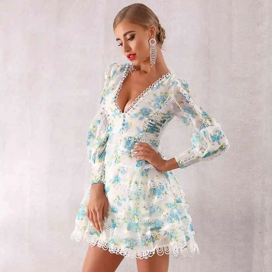 Seamyla, новое дизайнерское подиумное платье, женское, высокое качество, с пышными рукавами, сексуальное, с v-образным вырезом, с цветочным принтом, с вышивкой, на пуговицах, курортные платья