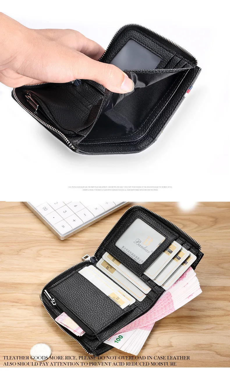 new rfid men's Genuine Leather wallet short wallet leather card bag anti-theft brush driving license wallet card holder