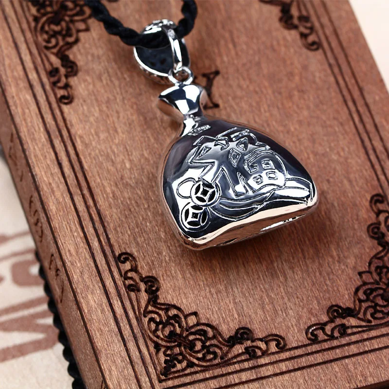 

JSH S925 yin air compressor puee Lucky Bag Pendant Women's Thai Silver Ethnic-Style Pendant Sweater Chain shou gong yin