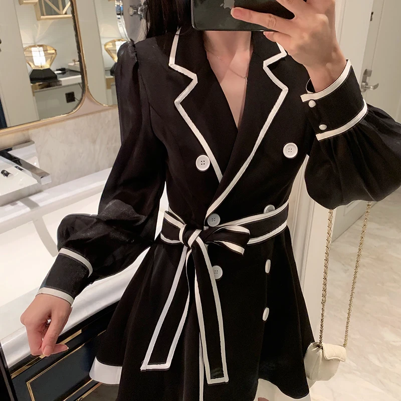 

HIGH QUALITY Newest 2019 Designer Runway Dress Women's Long Sleeve Contrast Color Fringed Double Breasted Dress Outer Wear