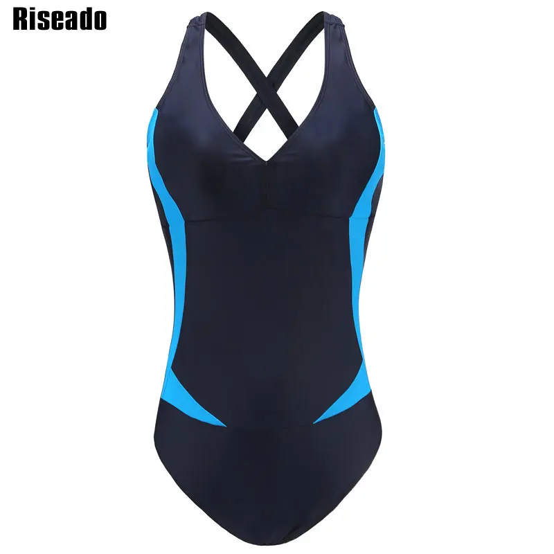 

Riseado Sport One Piece Swimsuit 2019 Swimming Suits for Women Patchwork Swimwear Cross Bandage Swimming Bathing Suits