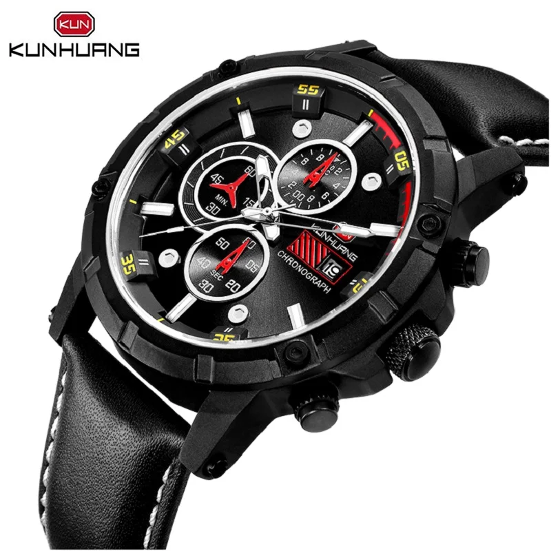 

Cool Army Men Boy Quartz Watch Black Red 6 Hands Date Stop Multifunction Genuine Leather Military Sport Wristwatch Clock Relogio