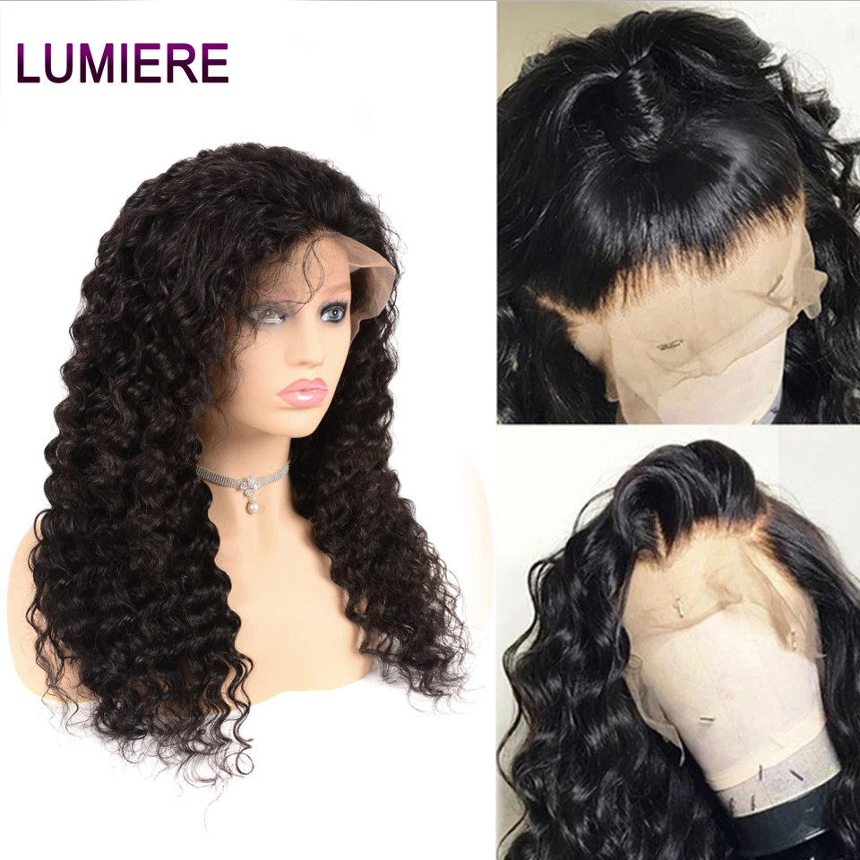 Lumiere Hair Brazilian Deep Wave Lace Front Human Wigs Pre Plucked With Baby Remy Natural Black | Шиньоны и парики
