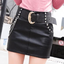 Популярная Корейская одежда с цепочкой и ремнем, мини юбки на молнии, Женская осенне-Весенняя модная пикантная кожаная юбка из искусственной кожи, Jupe Femme B9D202
