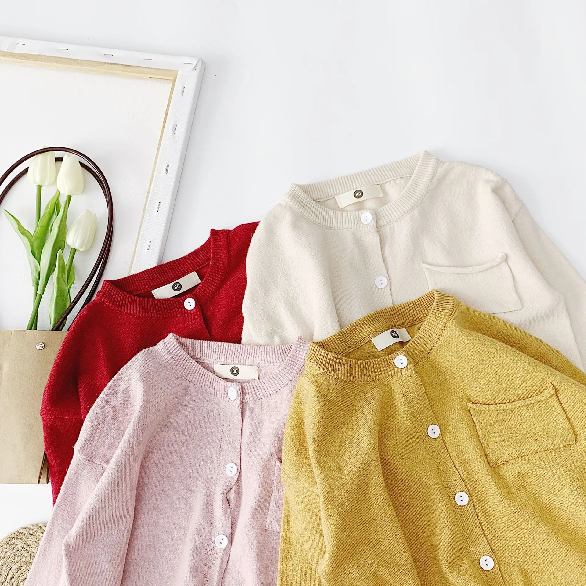 Simple Style Baby Knitted Sweater Korean Toddler Baby Boys Girls Solid Color Cardigan Sweaters Kids O- Neck Sweater with Pocket