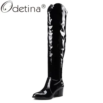 

Odetina Women Sexy Slip On Thigh High Boots Chunky Block High Heel Pointy Toe Ladies Over The Knee Boots Elegant Patent Leather